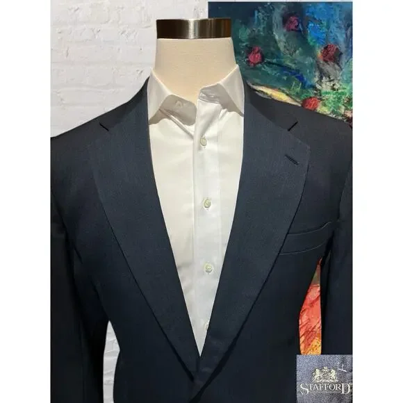 Vintage Stafford 42L Navy Blue Subtle Red Stripe Blazer Sport Jacket Denim Look